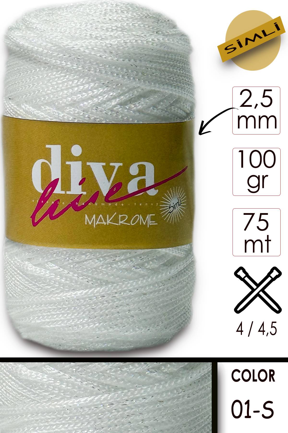 Diva Makrome İpi Simli 01S Beyaz İnci - Görsel 1