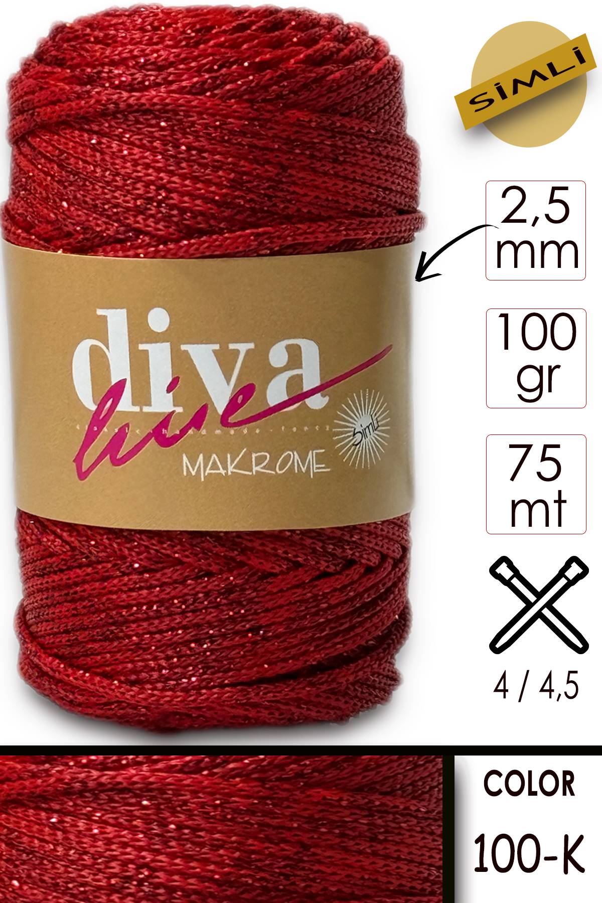 Diva Makrome İpi Simli 100K Kırmızı - Görsel 1