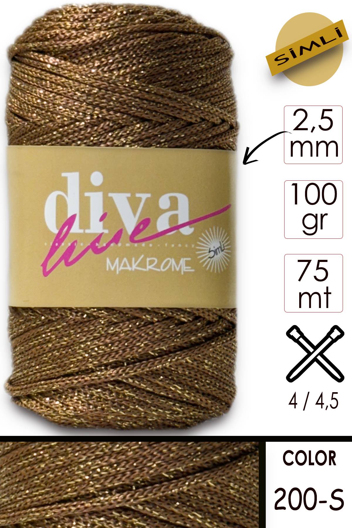 Diva Makrome İpi Simli 200S Kahverengi - Görsel 1