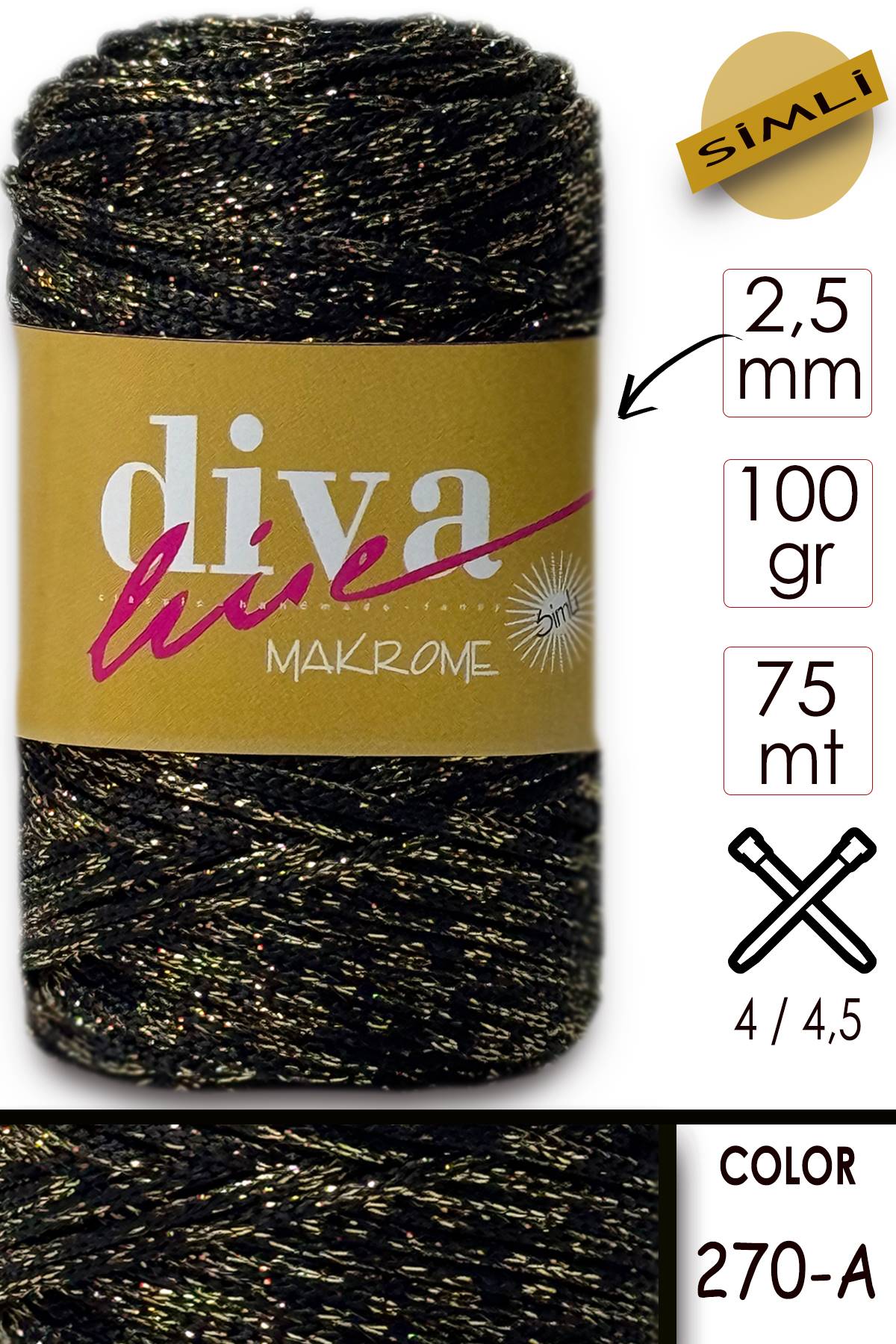 Diva Makrome İpi Simli 270A Siyah-Altın - Görsel 1