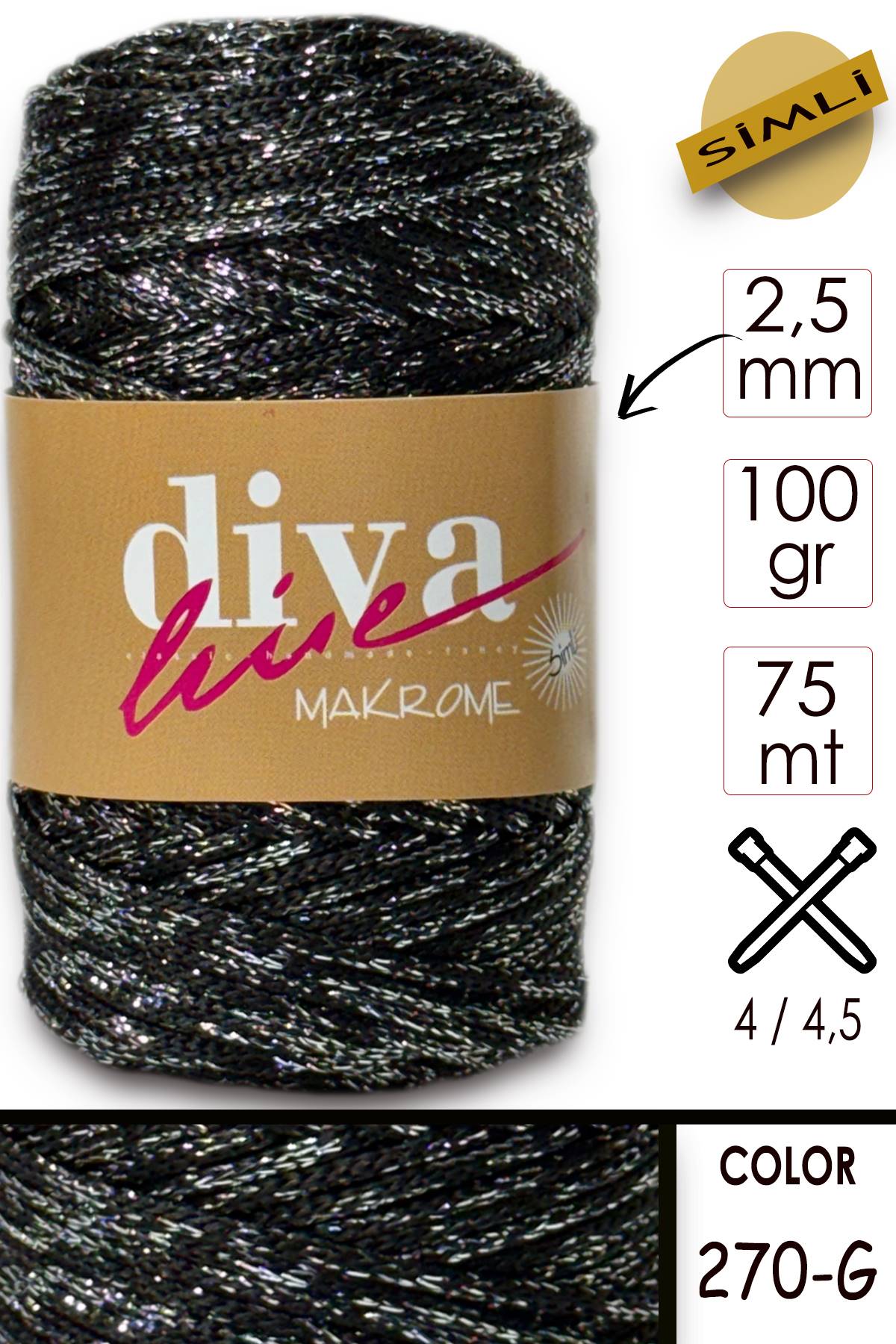 Diva Makrome İpi Simli 270G Siyah-Gümüş - Görsel 1