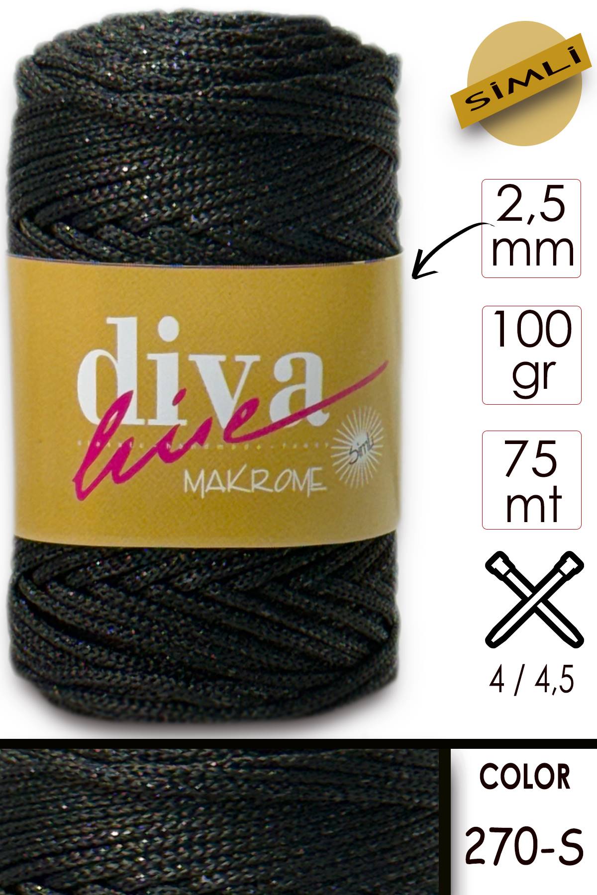 Diva Makrome İpi Simli 270S Siyah - Görsel 1