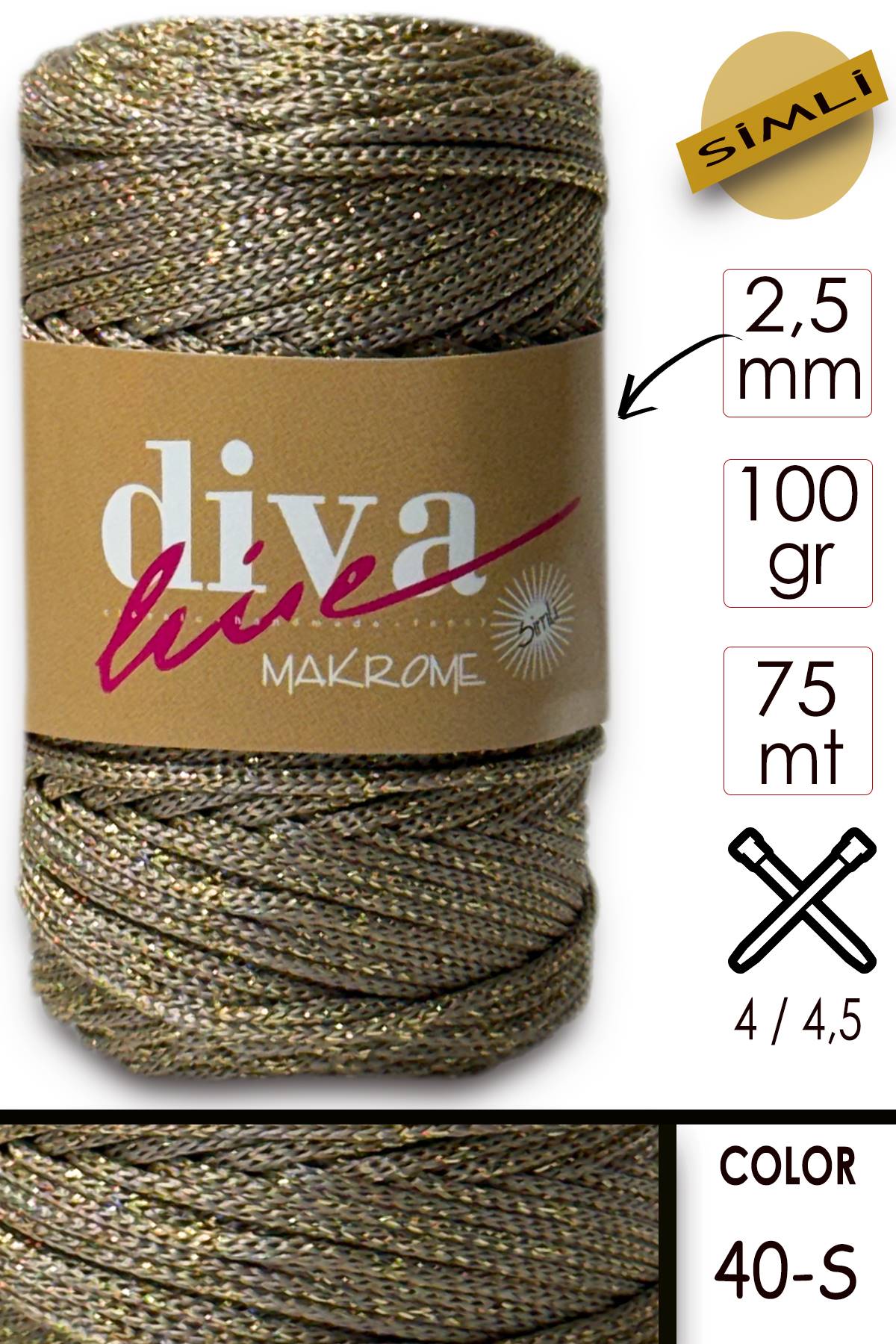 Diva Makrome İpi Simli 40S Bej-Altın - Görsel 1