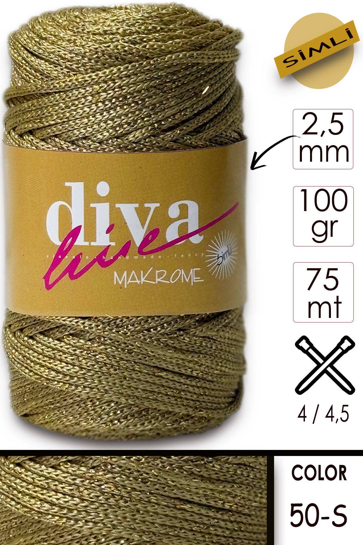 Diva Makrome İpi Simli 50S Altın - Görsel 1