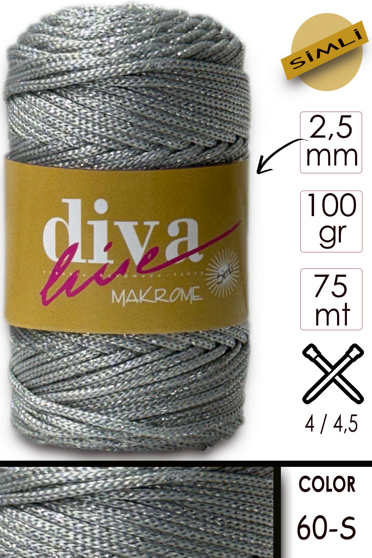 Diva Makrome İpi Simli 60S Gümüş - Görsel 1