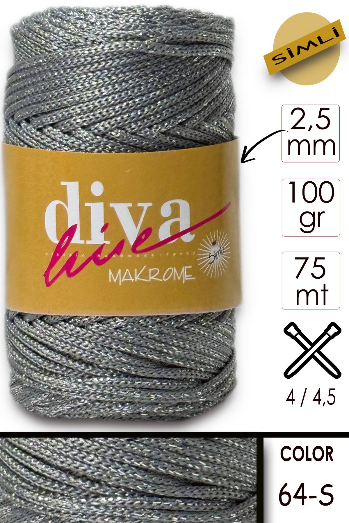 Diva Makrome İpi Simli 64S Koyu Gri-Gümüş - Görsel 1