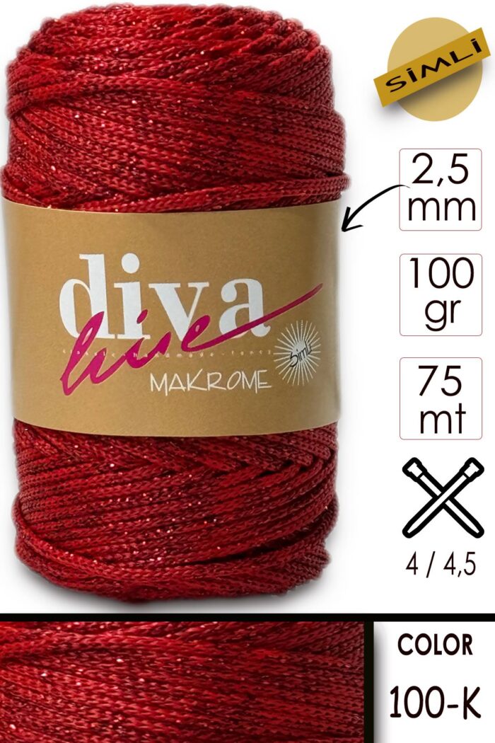 Diva Makrome İpi Simli 100K Kırmızı - Görsel 1