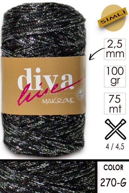 Diva Makrome İpi Simli 270G Siyah-Gümüş