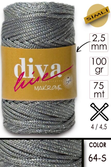 Diva Makrome İpi Simli 64S Koyu Gri-Gümüş