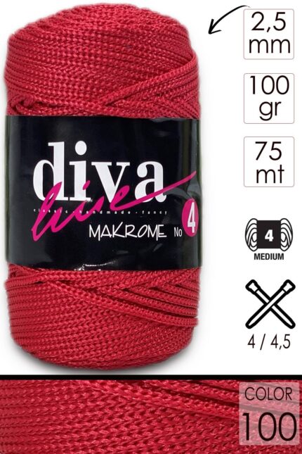 Diva Makrome İpi Kalın (No:4) 100 Kırmızı