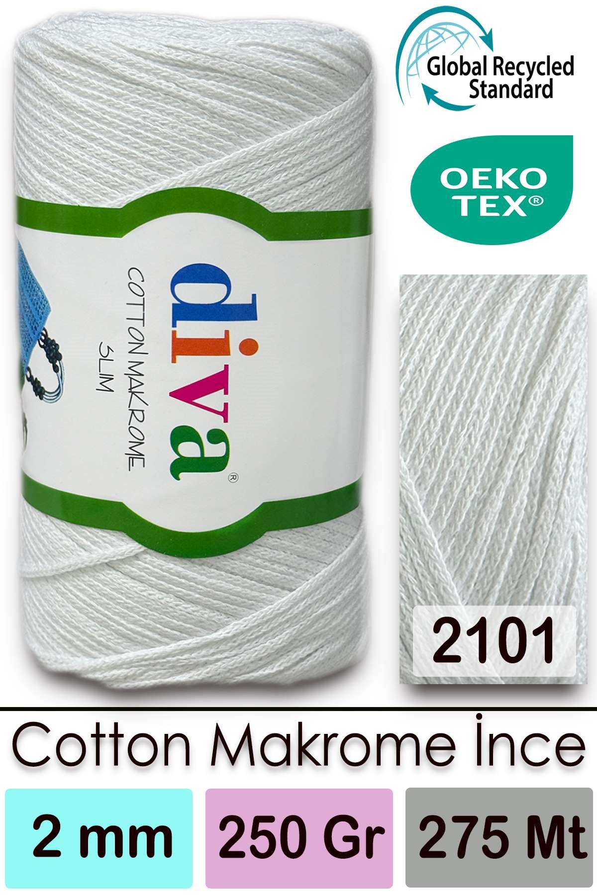 Diva Cotton Makrome İnce 2101 Beyaz - Görsel 1