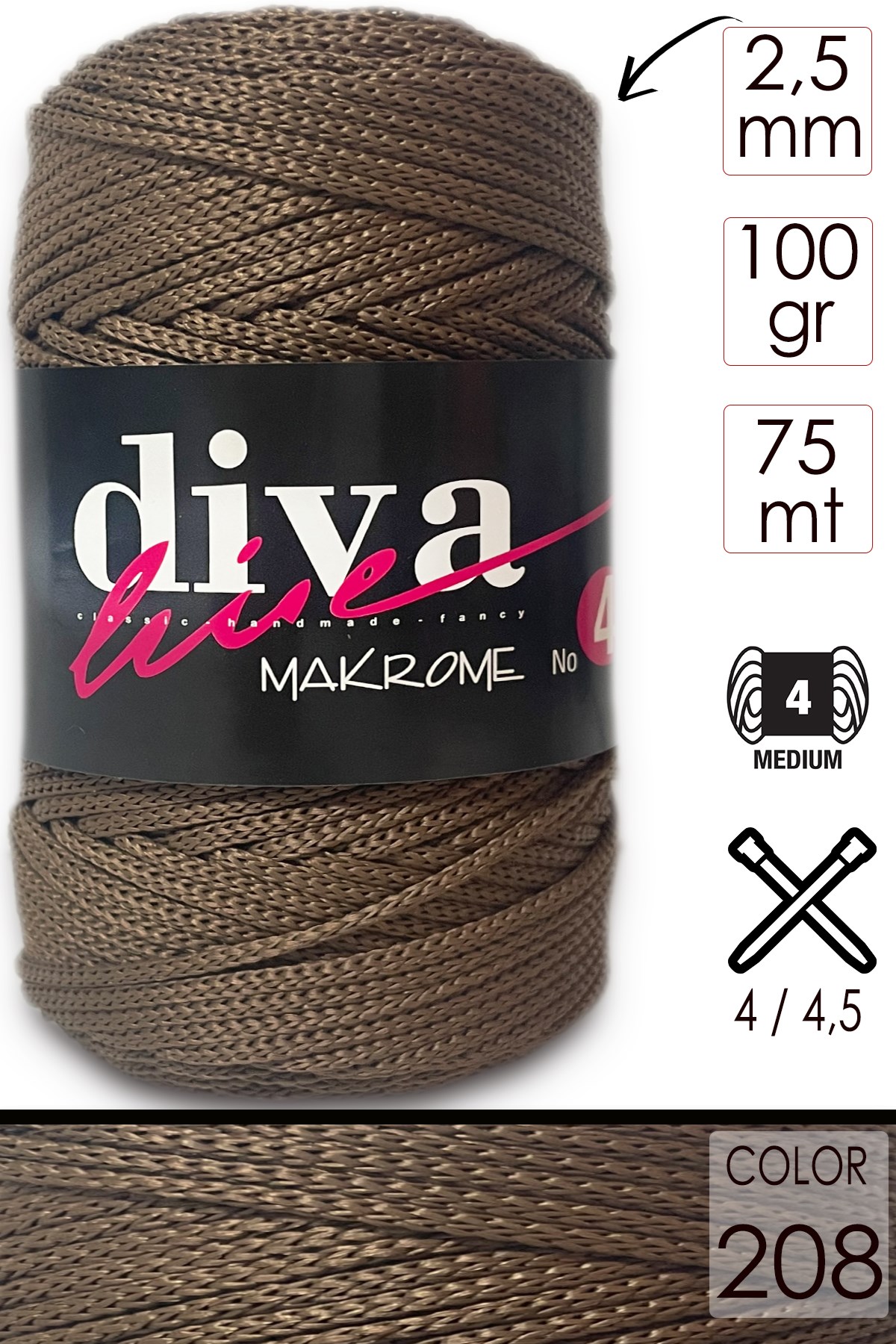 Diva Makrome İpi Kalın (No:4) 208 Kahve - Görsel 1